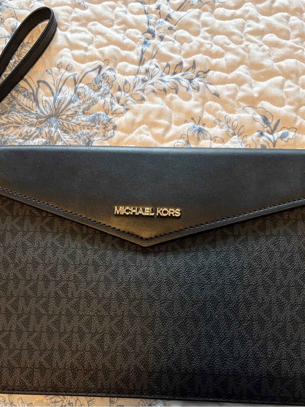 Michael Kors Black Logo-Print Envelope Wristlet with Gold Hardware